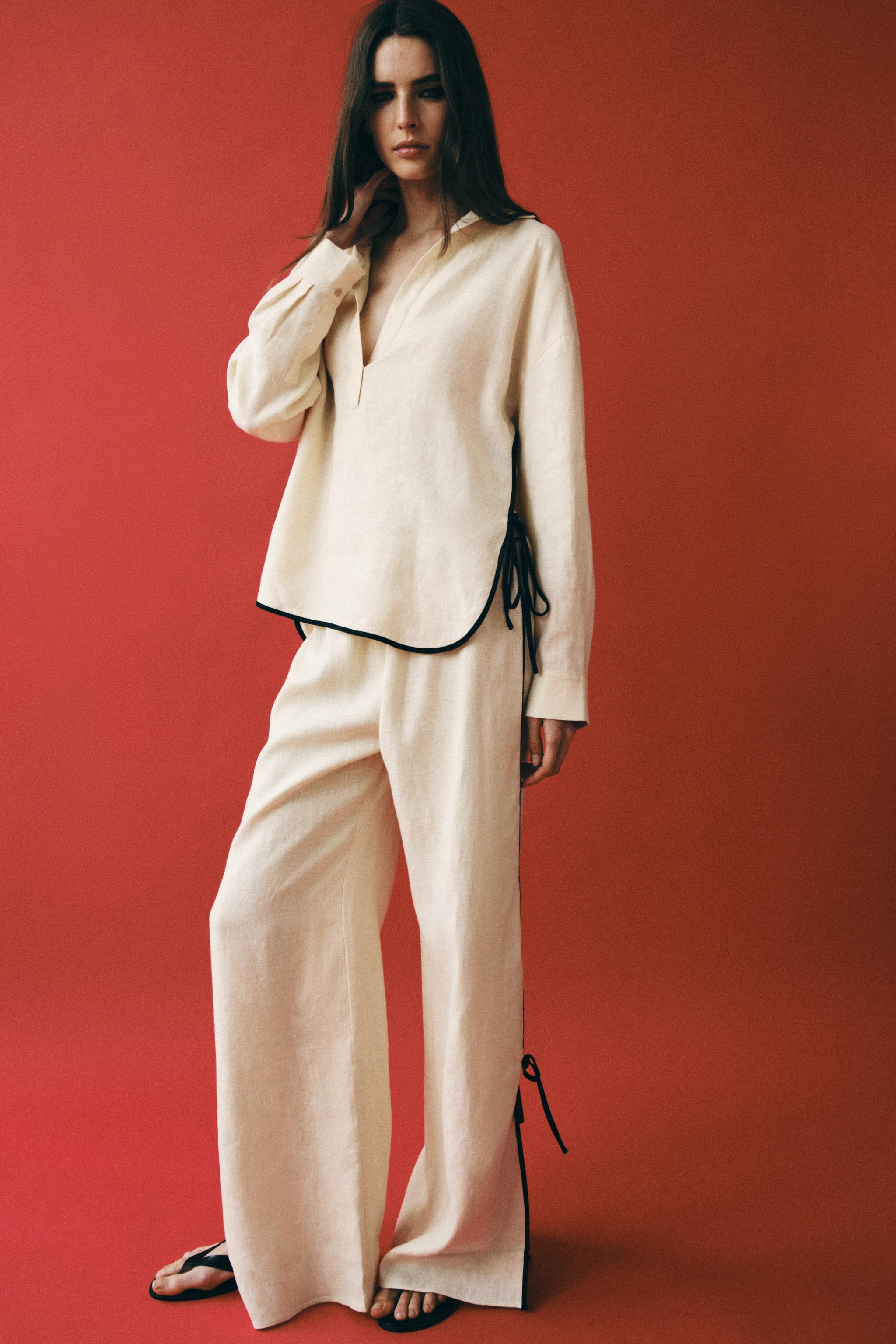 100% LINEN PIPED TRIM SHIRT ZW COLLECTION